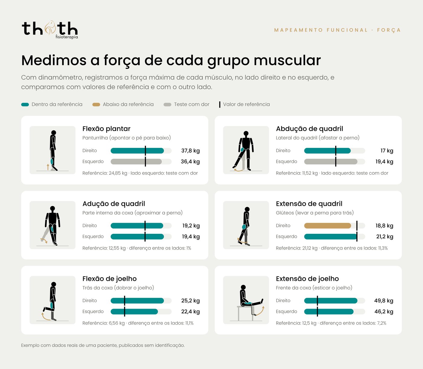 Gráfico de força de cada grupo muscular, lado direito e esquerdo, comparado à referência