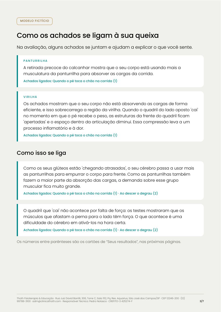 Página do relatório que liga os achados à queixa do paciente